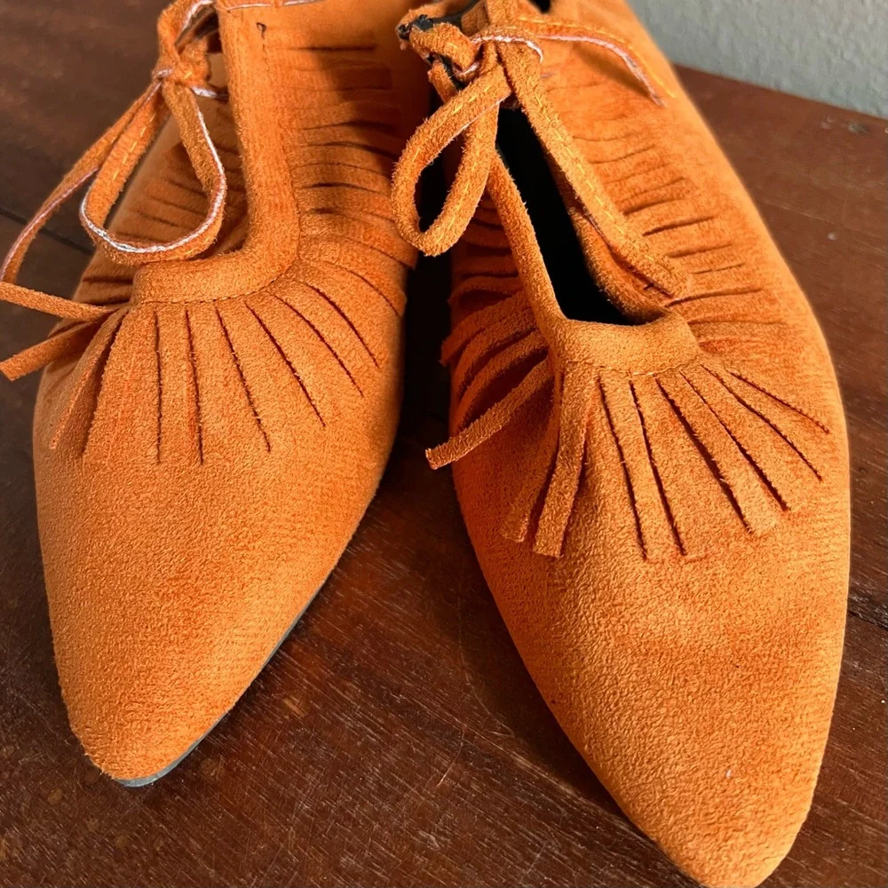 Fringed Faux Suede Orange Tie Front Flats Pointed Shoes - Picture 3 of 7